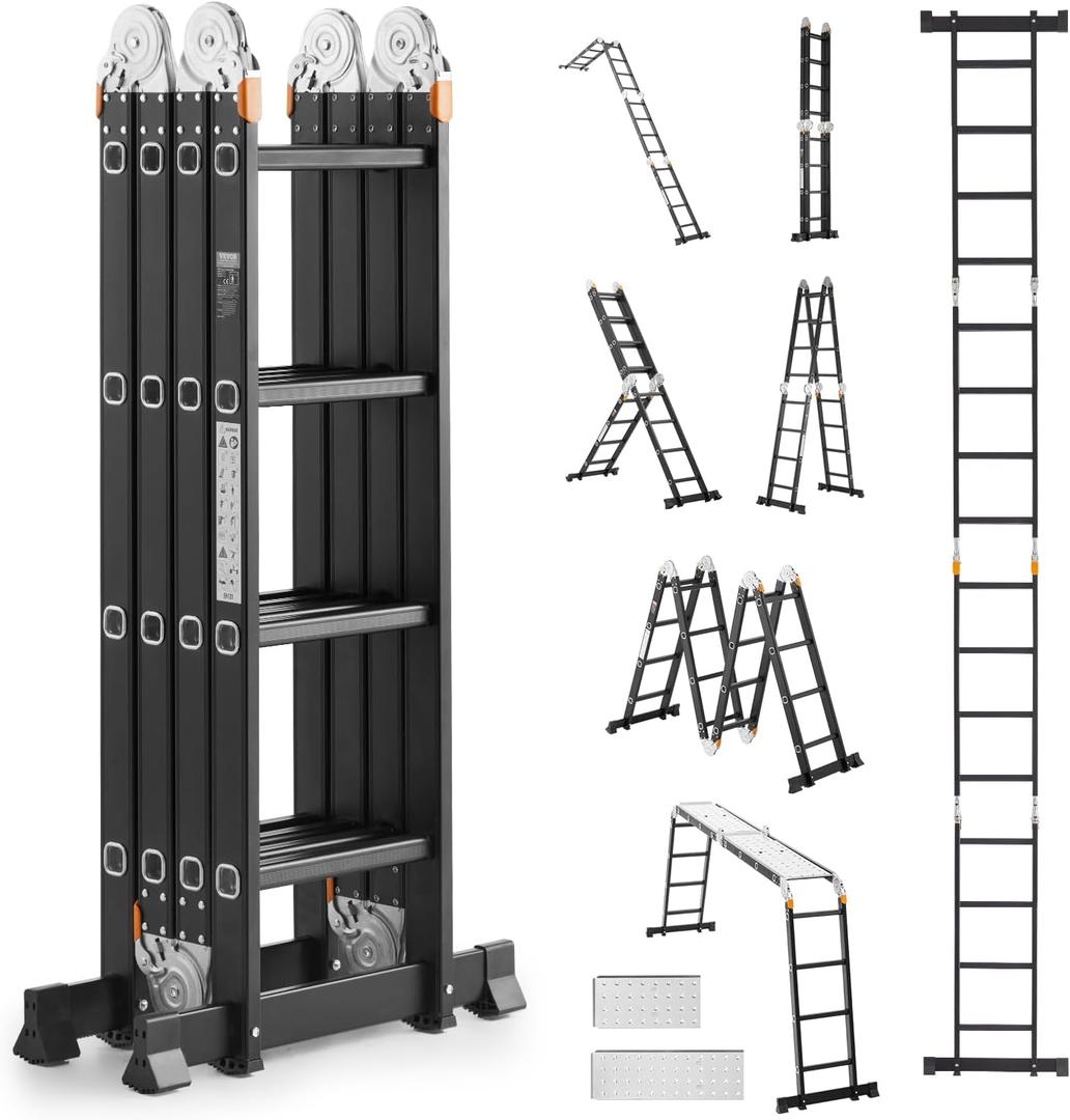 VEVOR Multi-Purpose Folding Ladder, 7-in-1 Tall Extension Step Ladder, A Frame 4 Step with Scaffolding Plank Telescoping Ladder, 15.5ft Reach Height Heavy Duty, 330 lbs Capacity for Home Outdoor