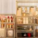 Large Glass Makeup Organizer Drawer Set Beauty Storage Bathroom Counter Organizer Cosmetic Display with Pearl (16in)