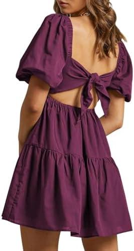 OWNGIGI Women's Summer Dress Square Neck Puffy Short Sleeve Loose Tie Back Casual A-Line Mini Dresses Size L