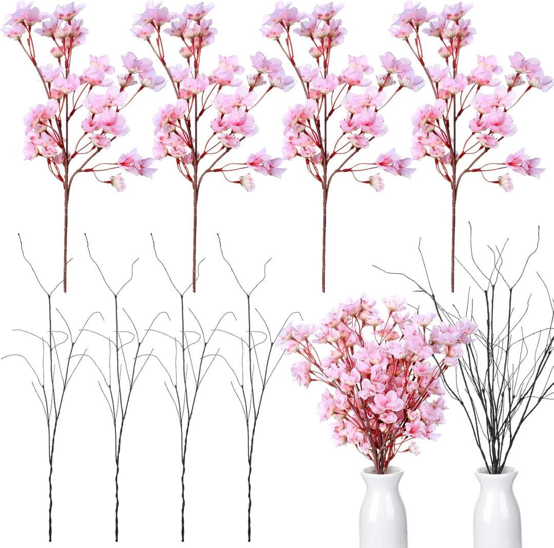 8 Pcs Artificial Cherry Blossom Branches Decor 15.7 Inch Artificial Cherry Flowers 4 Lifelike Curly Willow Branches for Home Indoor Decoration Vase DIY Wedding Table Centerpiece Decors Pink