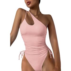 Eomenie Women's One Piece One Shoulder Swimsuit with Drawstring Tummy Control Bathing Suit Sexy High Cut Swim Suits (Pink, XXL)