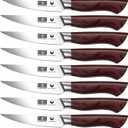 HOSHANHO Steak Knife Set 8 Pieces, 4.5 Inch Super Sharp High Carbon Stainless Steel Steak Knife Set, Professional Premium Serrated Precise Cutting with Ergonomic Wood Handle