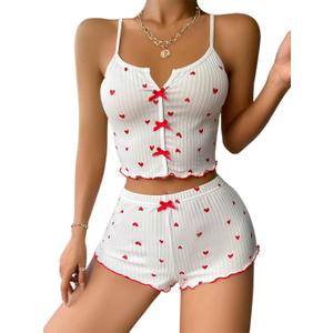 Hilinker Womens Heart 2 Piece Pajama Set Sexy Ribbed Crop Cami and Shorts Cute PJ Sets C Red Heart X-Large