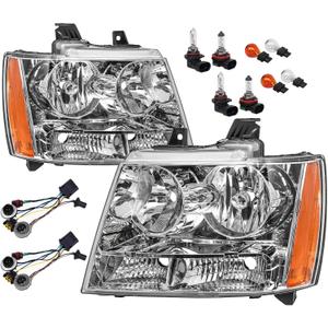 Headlights Assembly w/Bulbs & Harness compatible with 2007 2008 2009 2010 2011 2012 2013 Chvey Tahoe Avalanche Suburban, Chrome Housing Amber