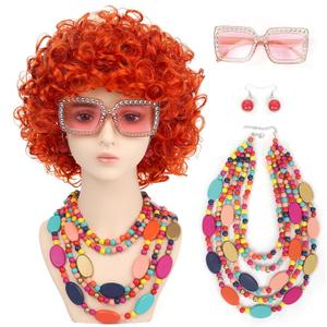 Women Roper Curly Orange Red Cosplay Wig with Necklace Earrings and Sunglasses for Women Hallween Costume Wig