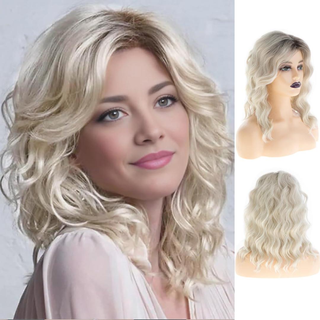 Ombre Blonde Wavy Wigs for Women Shoulder Length Side Part Blonde Synthetic Party Wig