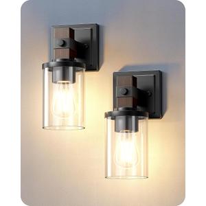 EDISHINE Wall Sconces Set of 2, Farmhouse Vanity Light Fixtures with Clear Glass Shade & Dark Brown Wood Grain Paint, 1-Light Wall Mount Lamp for Bathroom, Hallway, Living Room, Mirror, Kitchen (Oil-Rubbed Bronze)