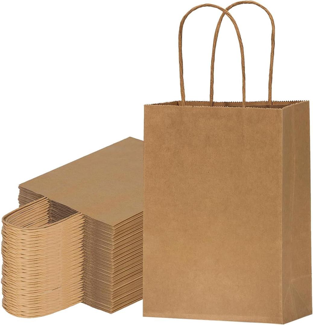 FACEBAG 100-Pack 5.25x3.25x8 Inches Small Gift Bags with Handles, Kraft Brown Paper Bags with handls bulk for Party FavorsBirthday shopping & RetailReusable & Durable
