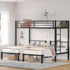 Metal Triple Bunk Bed with Ladder and Guardrails.Separable for Bedroom, No Box Spring Needed (Black 0, Twin XL Over Twin & Twin)