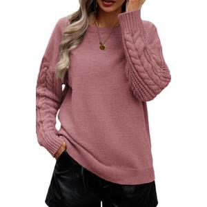 Women's 2025 Fall Sweaters Casual Long Sleeve Crewneck Cable Knit Pullover Sweater Loose Chunky Jumper Tops (Medium, Pink)