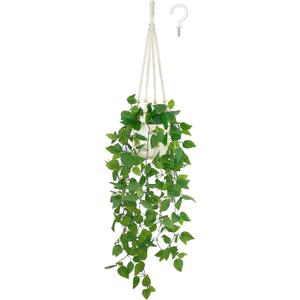 Mkono Fake Hanging Plant with Pot, Artificial Plants for Home Decor Indoor Macrame Plant Hanger with Fake Vines Greenery for Bedroom Bathroom Kitchen Office Decor, Ivory (Pothos)