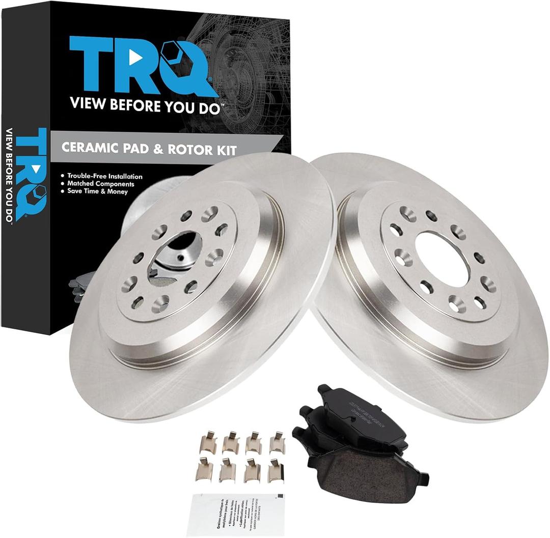 TRQ Rear Ceramic Brake Pad and Rotor Set Compatible with 1519 Ford Explorer Base with Standard Duty Brakes; 1219 Ford Flex with Standard Duty Brakes; 1319 Ford Taurus SE SEL Limited