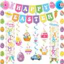 YEIRFYY Easter Decorations Set Happy Easter Banner Colorful Egg Garland Bunny Hanging Swirl Decorations Welcome Porch Banner Spring Paper Fan for Home School Fireplace Ceiling Party Decorations