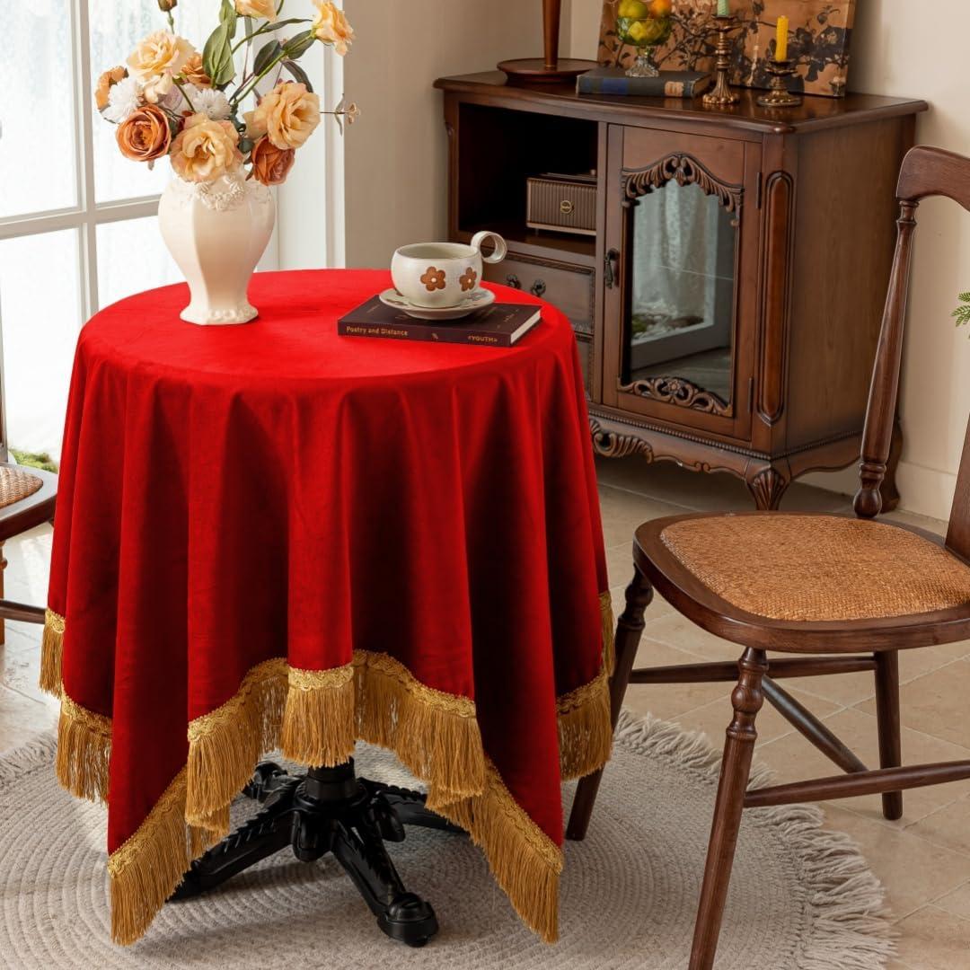 F-CHU Small Square Tablecloth 36 x 36 Inch Velvet Table Cloth Solid Red Small Round Table Cover for Nightstand End Bedside Table Tabletop DecorationRed Tablecloth