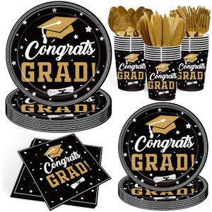 140PCS Graduation Party Supplies Congrats Grad Plates and Napkins Graduation Party Decorations Black Gold Disposable Tableware Set Congrats Grad Party Paper Plates, Serve 20 Guest