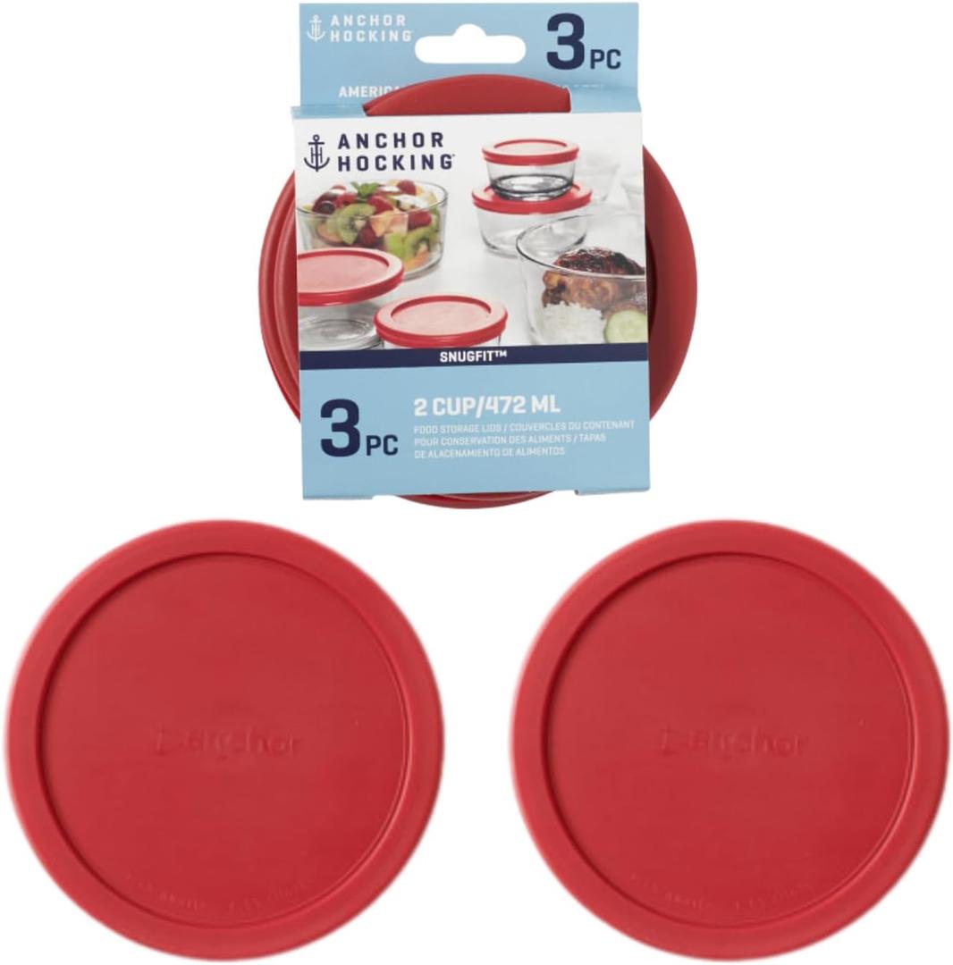 Anchor Hocking Classic Round Food Storage SnugFit Replacement Lids, Red, 2 Cup, Set of 3