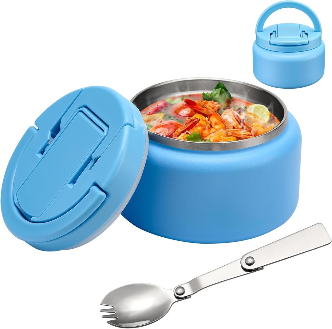 13.5oz Soup Thermo for Hot Food Kids Insulated Vacuum Food Jar with Buckle Lid,Wide Mouth Leakproof Stainless Steel Lunch Container with Spoon-Blue