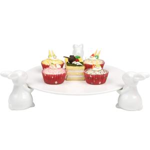 MyGift Decorative White Ceramic Cake Stand with Rabbit Design, 16-Inch Dessert Serving Tray