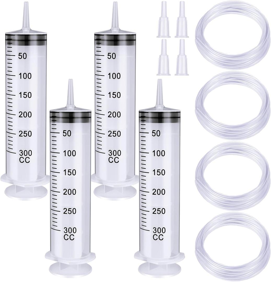 4 Pack Large Plastic Syringe with Handy Plastic Tubing and Luer Connections Large Syringes for Liquid Measuring Watering Refilling Feeding (300ml)