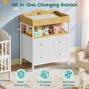 POKIPO Bamboo Changing Table Dresser with Sturdy Metal Frame, 4 Fabric Drawers, 3-in-1 Baby Dresser with Changing Table Top, Diaper Changing Station and Storage Organizer for Modern Nursery, 19.9"D x 32.9"W x 39.8"H