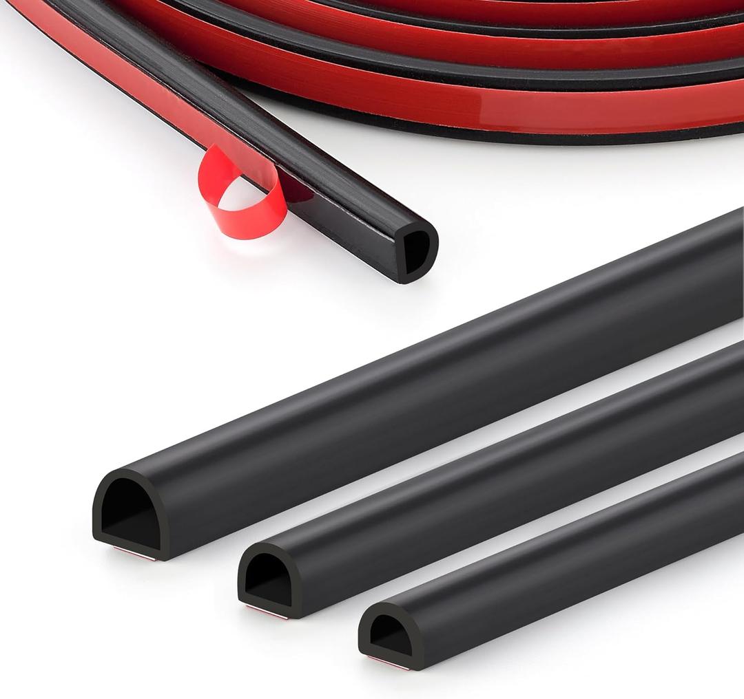 Silicone D-Shaped Weather Stripping Door Seal, 23FT Self Adhesive Door Insulation Strip, Fits Gaps up 1/ 4 to 15/ 32", for Door Frame & Window Seal (Black, 9/ 16" W × 15/ 32" T)