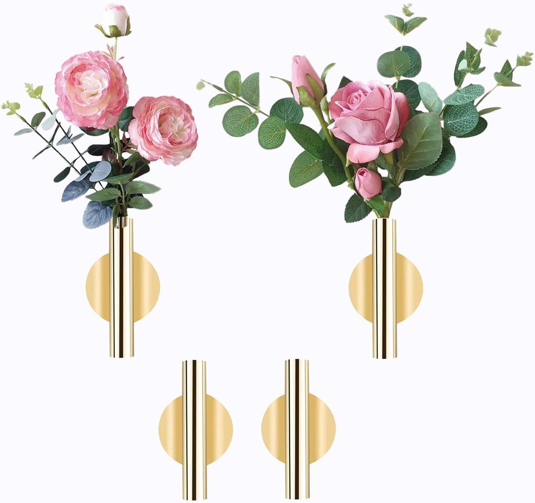 AIM & GGKK Wall Planters,4 Pcs Wall Mounted Metal Hanging Plant Holder for Indoor Small Gold Boho Flower Vase Tube for Modern Home Decor Display Art Bedroom Bathroom Living Room