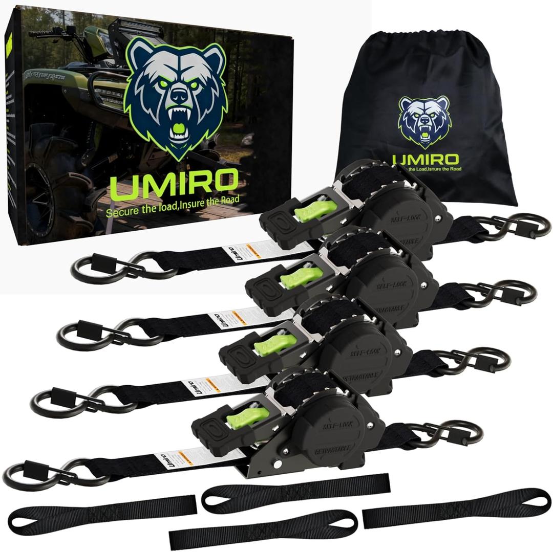 Retractable Ratchet Straps, 4-Pack, 1 Inch x 12 Feet Heavy Duty Tie Downs, 1760lb Break Strength, Self Retracting for Truck, Cargo, Trailer, Motorcycle, ATV, UTV (Black-Green, 4pack)