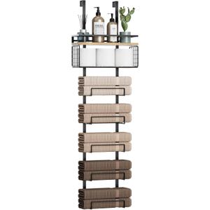 Aetyord Towel Racks for Bathroom Over The Door Towel Racks Towel Storage Organizer with Metal Shelf Basket for Bathroom Rv Camper (7-Tier Black with Wood Plank)