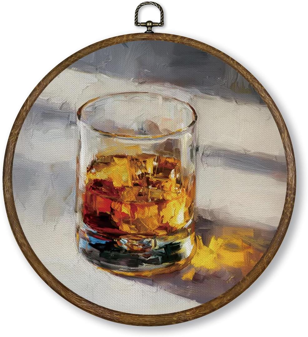 Qskjre Old Fashioned Bourbon Wall Art Bar Cart Decor, Funky Cocktail Round Wood Framed Canvas Wall Artwork, Retro Whiskey Hanging Prints for Bar Club Kitchen Decorations, 10x10inch