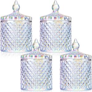 Aoriher 4 Pcs Crystal Glass Candy Jar Set with Lids Home Decorative Storage Jars for Apothecary, Bathroom, Kitchen, and Pantry, Ideal for Cotton Swabs and Jewelry(Medium,Rainbow)