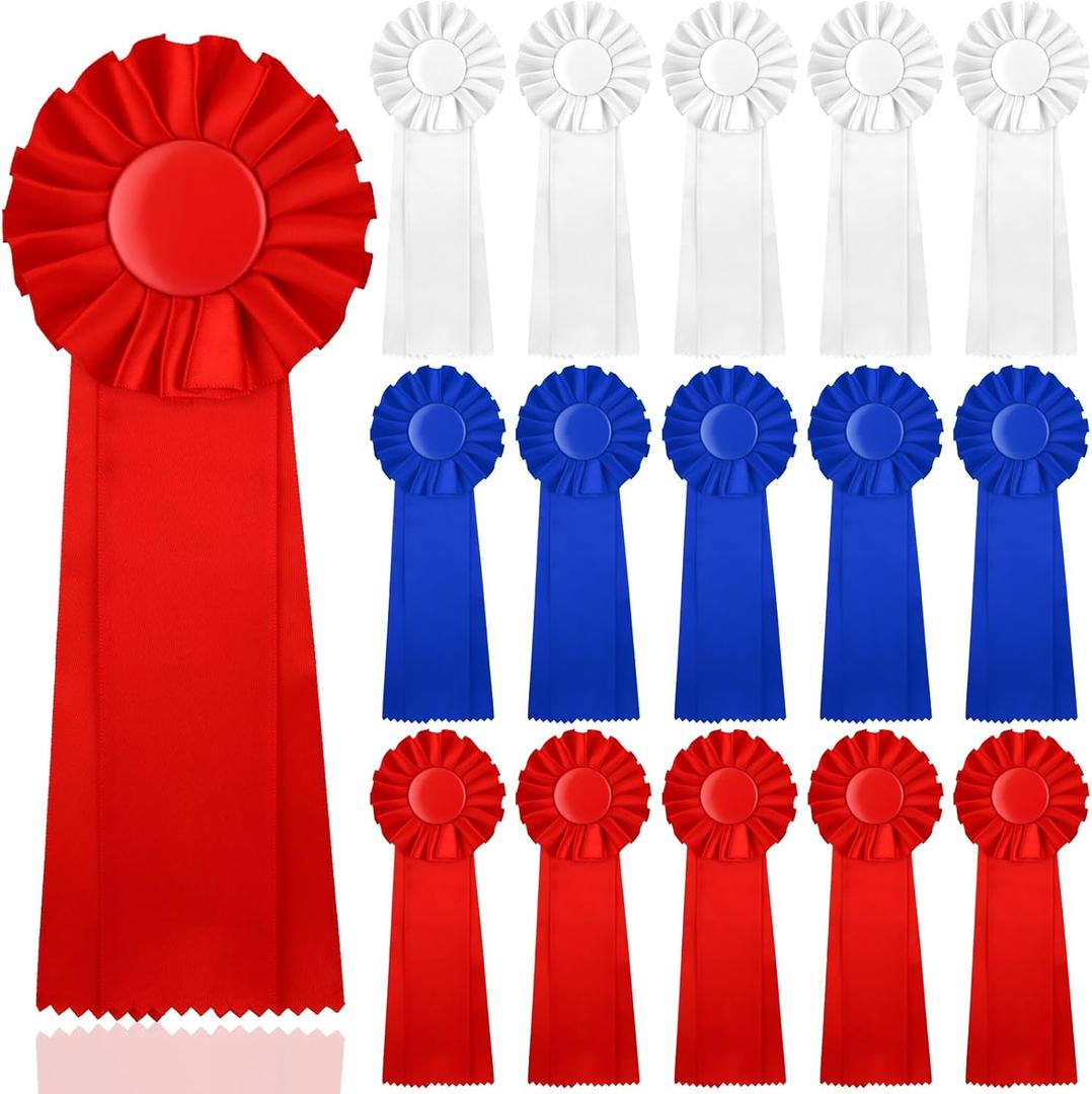15 Pcs Blank Award Ribbon 11 x 4 Inch Make Your Own Rosette Award Ribbon 1st 2nd 3rd Place Rosette Medals with Card for DIY Recognition Winner Competition Sport Event Contest, White, Blue, Red