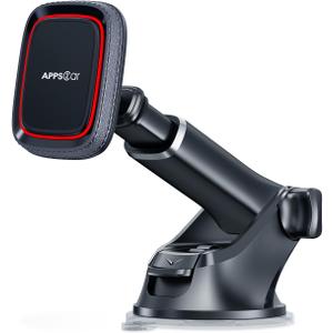 APPS2Car Magnetic Phone Mount for Car, Dashboard & Windshield Suction Cup Holder with Telescopic Arm, Requires Metal Plate (Included), Universal Fit for iPhone & Android Smartphones (Black-Red)