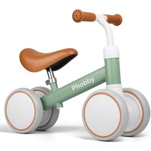Phobby Baby Balance Bike for 1-2 Years Old Boys Girls, 4 Wheels Toddler Bike with Adjustable Seat, 12-24 Months Kids First Birthday Toy Gift (Green&Brown)