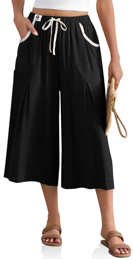 TARSE Linen Capri Pants for Women Drawstring Waist Loose Fit Casual Wide Leg Summer Beach Vacation Lounge Pants(Black,S) (Black, S)