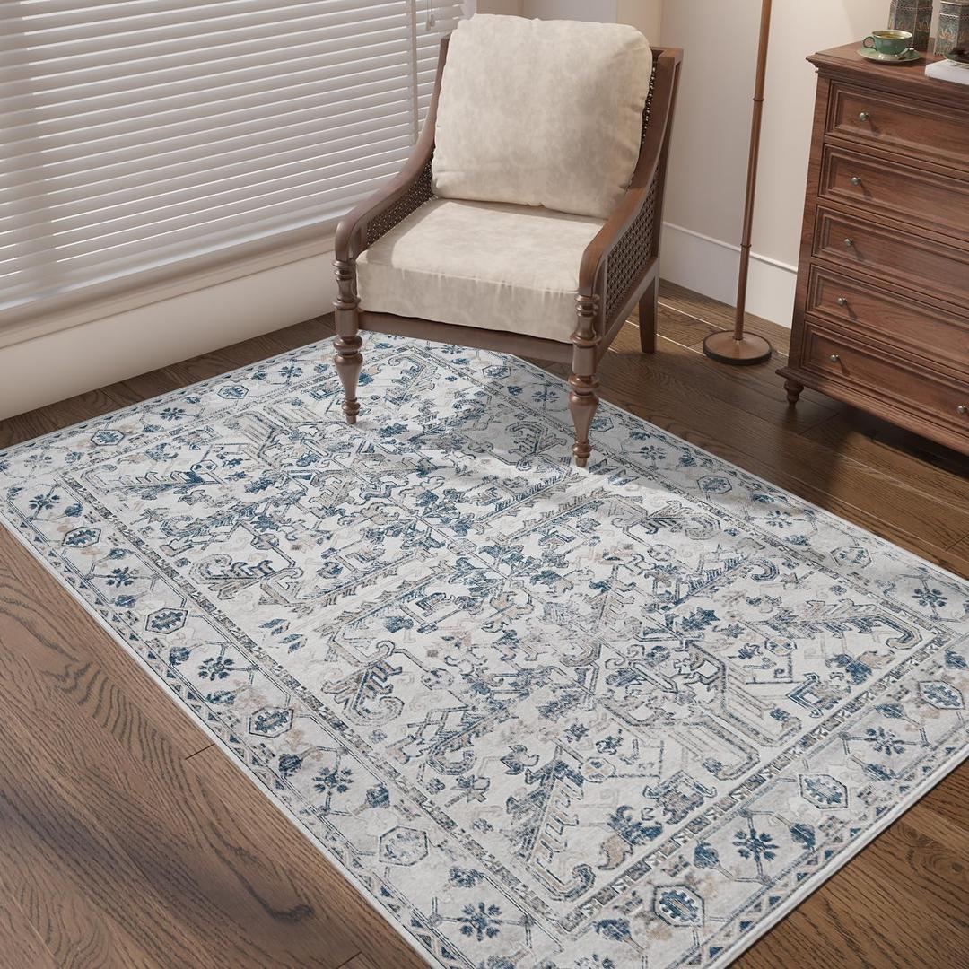 jinchan Lima Vintage Area Rug 3x5 for Entryway - Machine Washable Stain Resistant Non-Slip Low Pile Ultra-Thin Floral Print Indoor Rug for Kitchen Bedroom Living Room (3x5ft, Blue)