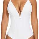 SHAPERIN Bodysuit for Women Shapewear Tummy Control Deep V Neck Plunge Sleeveless Backless Thong Body Suit Tank Top, L