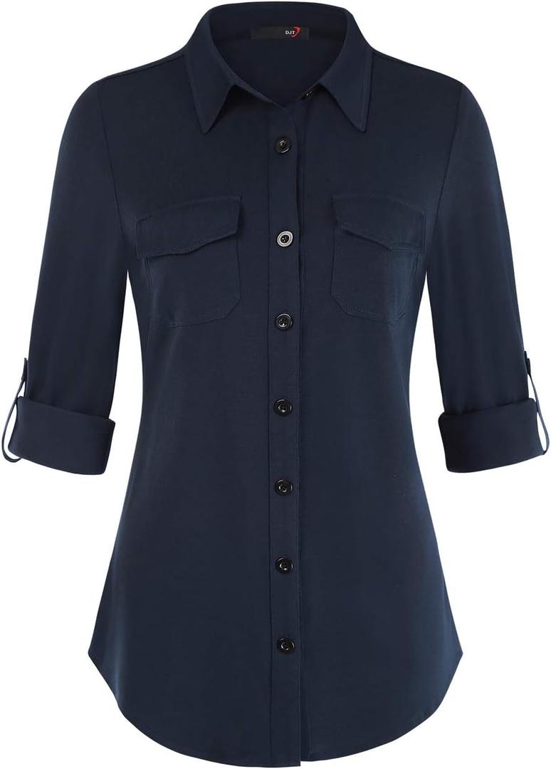 DJT Womens Soft Stretchy Knit Plaid Shirts Roll Up Long Sleeve Collared Button Down Blouses Tops (X-Large, Navy)