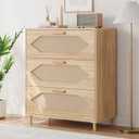 Dressers for Bedroom, 3 Drawer Rattan Dresser with Spacious Storage, Modern Wood Chest of Drawers, Rustic Oak Wooden Nightstand for Bedroom, Living Room, Hallway, Easy Assembly, Closet Organi