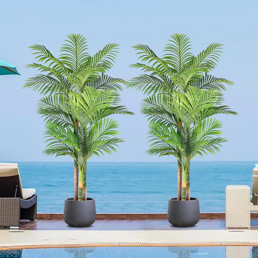 Keeplush 6ft Tall Triple Golden Cane Palm Artificial Tree 72inch Large Tropical Palm Tree UV Resistant Fake Plant in Pot for Indoor Outdoor Big House Living Room Outside Patio Office Home Decor 2Pack