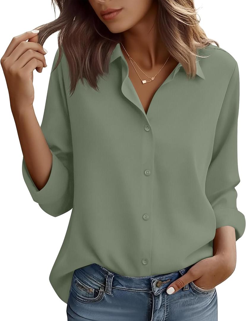 Wrinkle Free Button Down Shirts for Women Charm Slim-Fit Long Sleeve Formal Solid Dress Shirt Blouses Tops (Medium, Army Green)