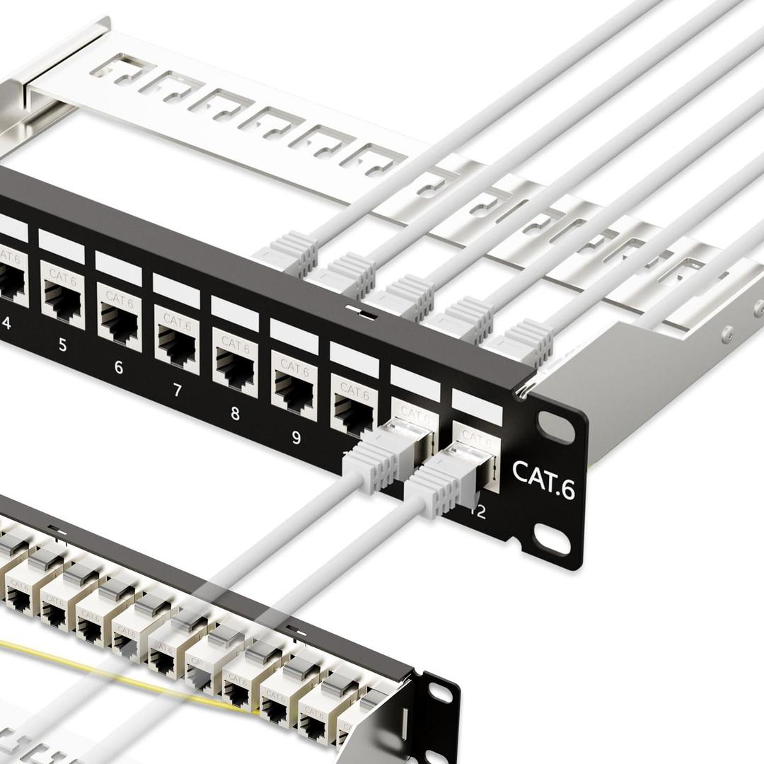 iwillink 10Gbps Patch Panel 12 Port, RJ45 Through Coupler Cat6 Patch Panel STP Shielded with Back Bar, 10'' Wallmount or Rackmount, Compatible with Cat5, Cat5e, Cat6 Cabling