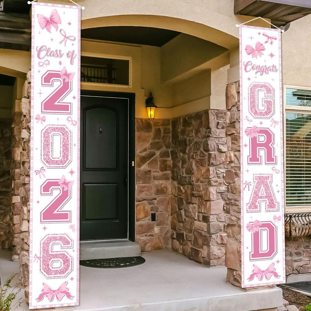 Pink Bow Graduation Decorations 2026 Coquette Grad Banner Pink Class of 2026 Congrats Grad Porch Signs Hanging Banner for College Senior High School Girl Graduation