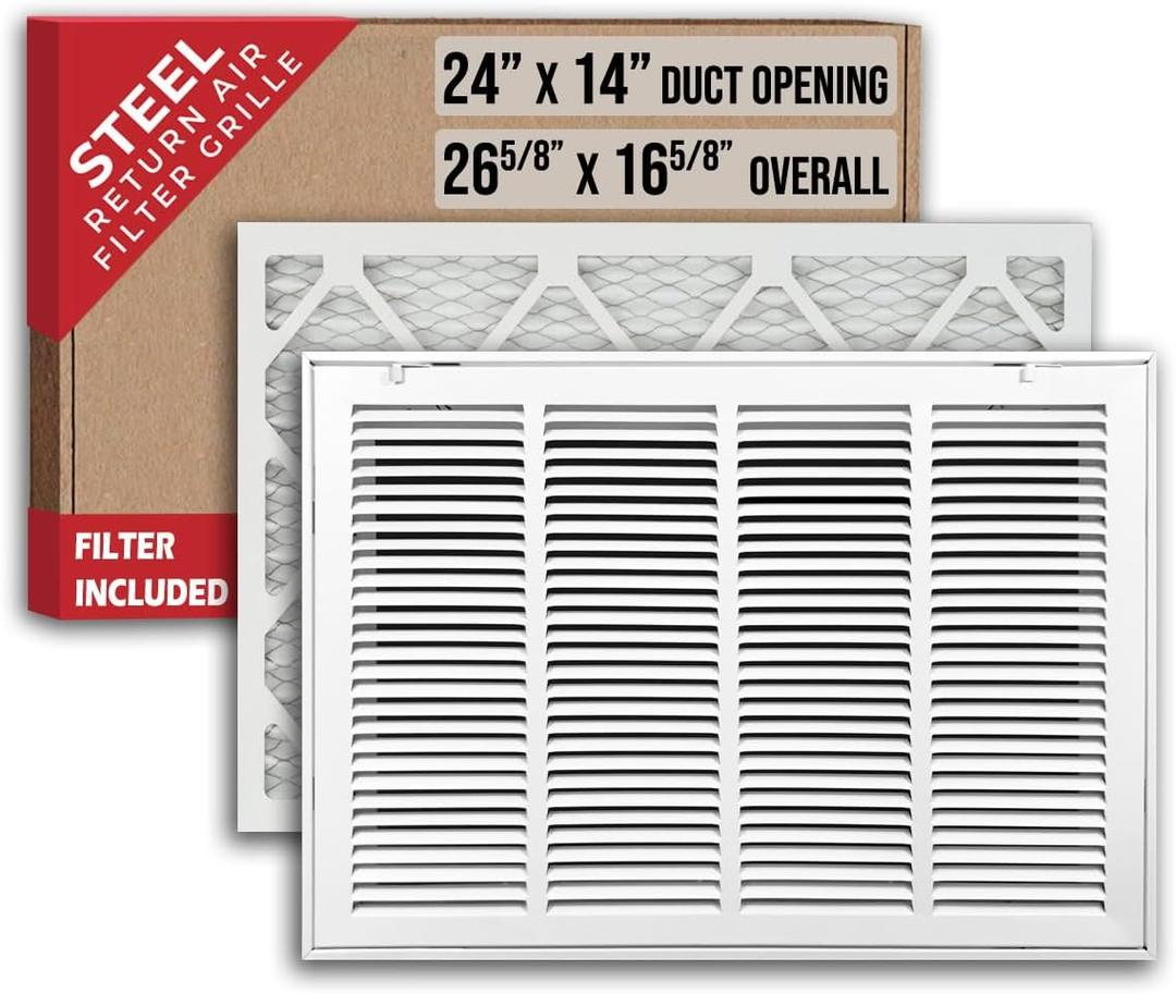 Fits 24x14 Duct Opening | Filter Included Steel Return Air Filter Grille by Handua [Removable Door] | Vent Cover Filter Grill | White | Outer Dimensions: 26 5/8"W X 16 5/8"H