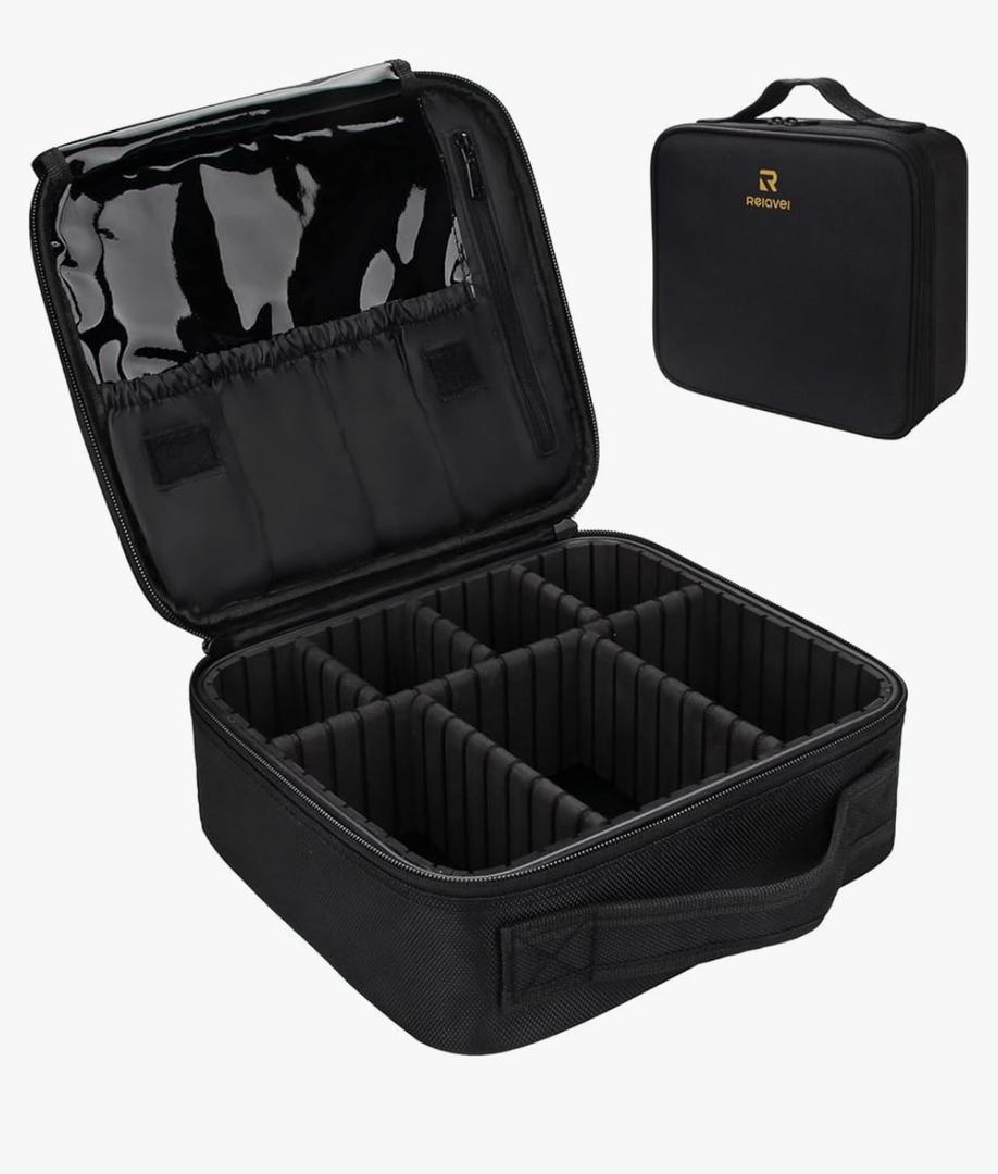 Relavel Travel Makeup Train Case Makeup Cosmetic Case Organizer Portable Artist Storage Bag with Adjustable Dividers for Cosmetics Makeup Brushes Toiletry Jewelry Digital Accessories Black