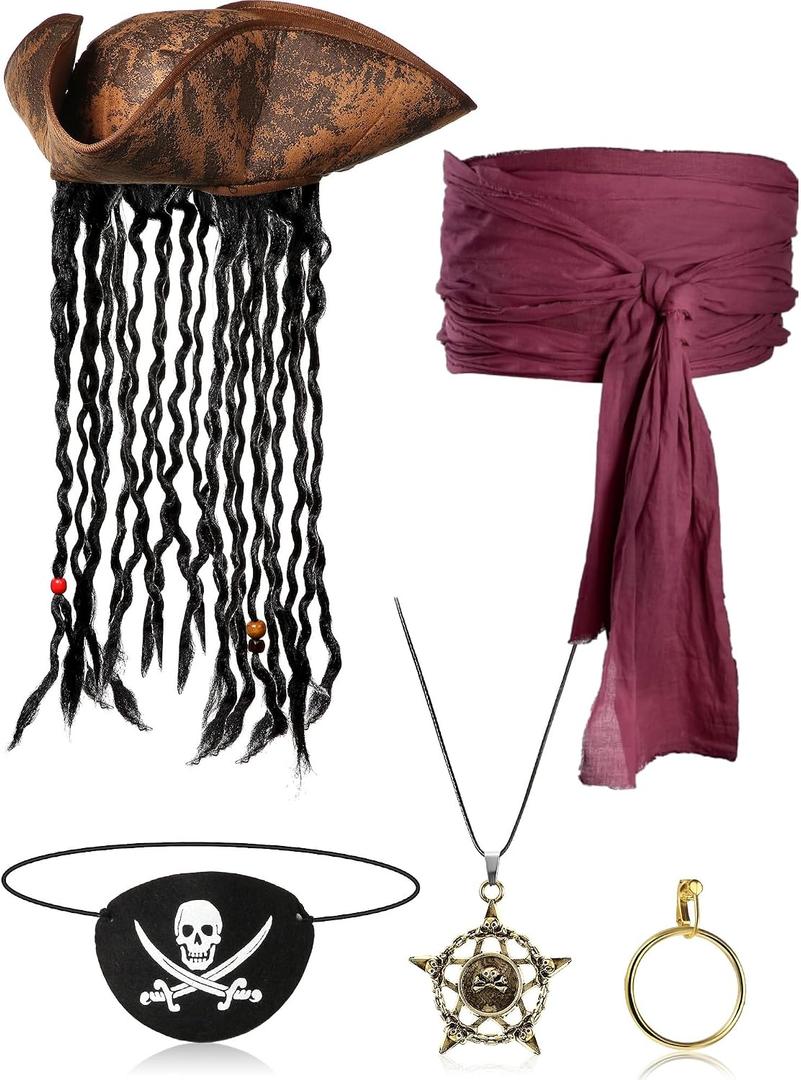 Sintege 5 Pieces Pirate Costume Set, Pirate Hat with Dreadlock Earrings Skull Necklace Eye Patch Sash for Men Women