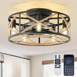 Farmhouse Caged Ceiling Fan with Light, 18 Inch Rattan Low Profile Flush Mount Ceiling Fans with Light, 6 Speed, Timing, Reversible DC Motor, Boho Small Ceiling Fan Light for Bedroom, Kitchen, Indoor