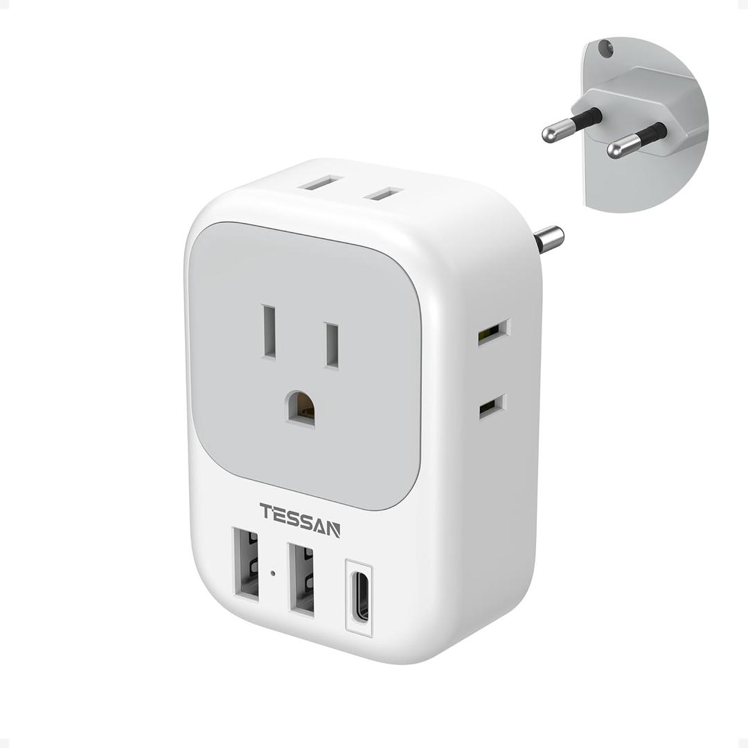 European Travel Plug Adapter USB C, TESSAN International Plug Adapter with 4 AC Outlets and 3 USB Ports, Type C Power Adaptor Charger for US to Most of Europe Iceland Spain Italy France Germany (Type C-white gray)