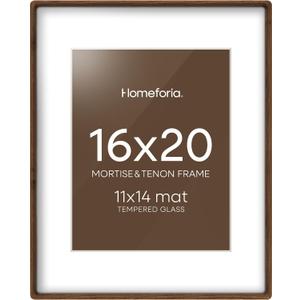 Homeforia 16 by 20 Picture Frame Brown Wood, Mortise & Tenon Walnut 16x20 Poster Frames with Mat 11x14 for Wall, 20x16 Dark Wooden Frames Matted to 11 x 14 inch Art, Tempered Glass, Wall Kit, Set of 1