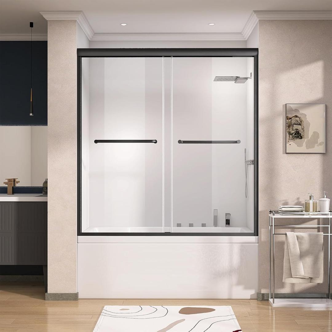 GETPRO Shower Door for Tub 60 in. W x 62 in. H Semi-Frameless Tub Door for Shower, Double Sliding Bypass Bath Tub Shower Glass Doors with 5/16 inch Tempered Glass Matte Black