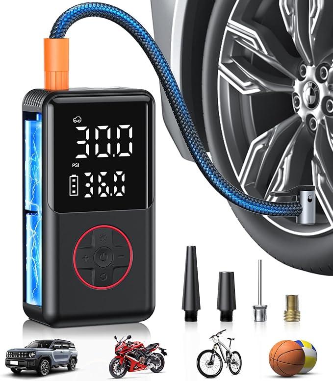 Tire Inflator Portable Air Compressor, Air Pump for Car, 150PSI Portable Tire Inflator, Mini Bike Pump with Pressure Gauge, LED Light for Cars, Bikes, Motorcycle, Balls(Red)